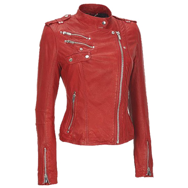 Women Genuine Real Leather Jacket Slim Fit Red Biker Jacket Velvet Lining Cross Zip Jacket